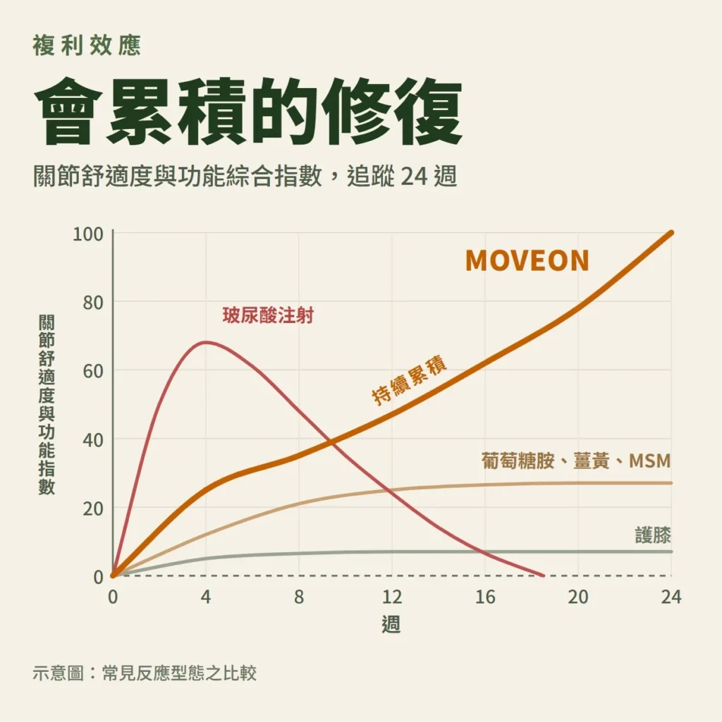 會累積的修復：24 週關節舒適度與功能綜合指數示意圖