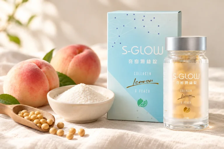 SGLOW 亮密滑絲錠盒裝與瓶裝,旁邊是膠原蛋白胜肽粉、大豆與蜜桃