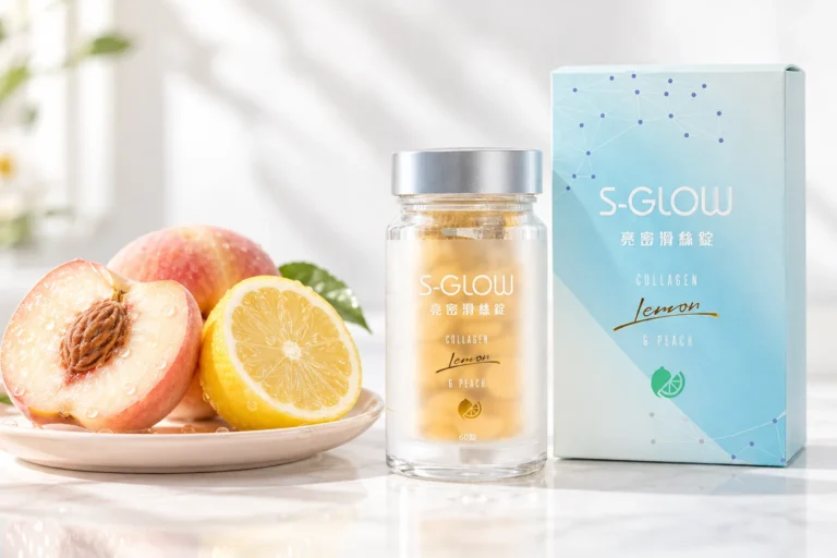 SGLOW 亮密滑絲錠盒裝與瓶裝,旁邊是切半的蜜桃與檸檬