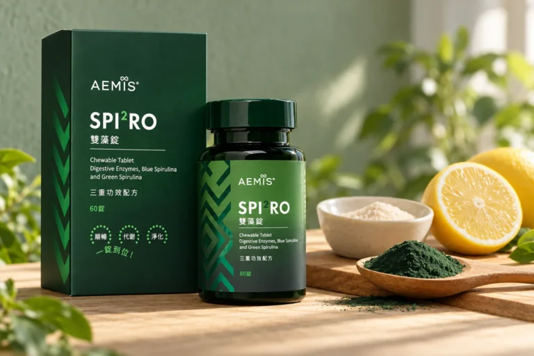SPIRO 雙藻錠盒裝與瓶裝，旁邊是木匙上的綠螺旋藻粉、纖維粉與半顆檸檬