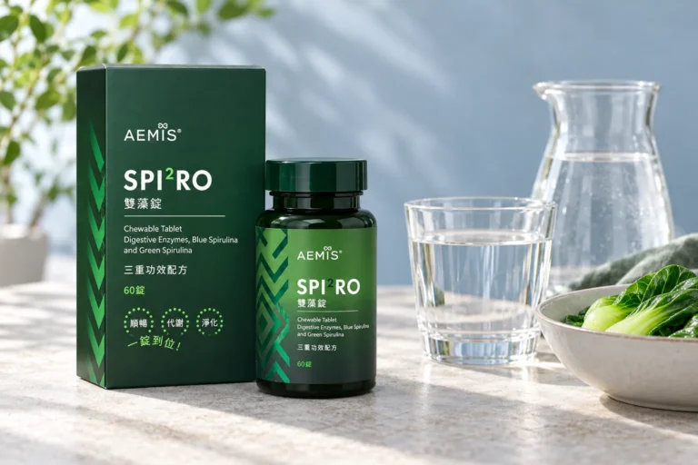 SPI²RO 雙藻錠盒裝與瓶裝,旁邊是一杯水、玻璃水壺與一碗燙青菜