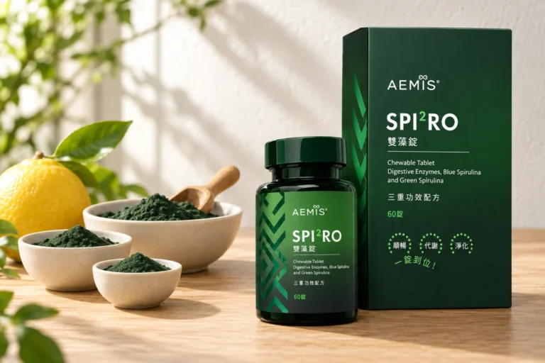 SPI²RO 雙藻錠盒裝與瓶裝，旁邊是大小三碗綠螺旋藻粉與一顆檸檬