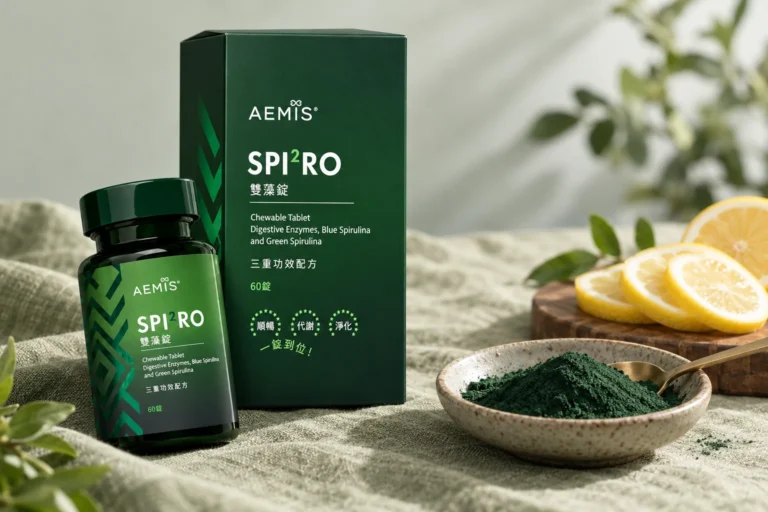 雙藻錠盒裝與瓶裝，旁邊是一盤綠螺旋藻粉與檸檬片