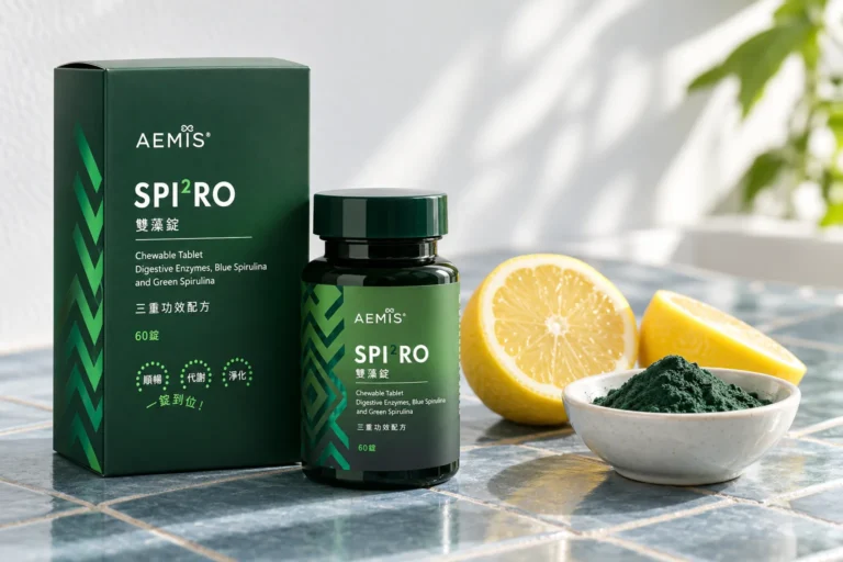 SPIRO 雙藻錠盒裝與瓶裝,旁邊是切半的檸檬與綠螺旋藻粉