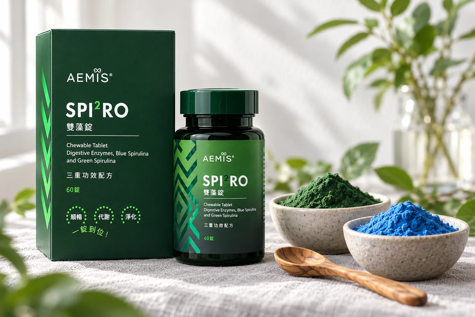 SPI²RO 雙藻錠盒裝與瓶裝，旁邊是綠螺旋藻粉與藍螺旋藻粉