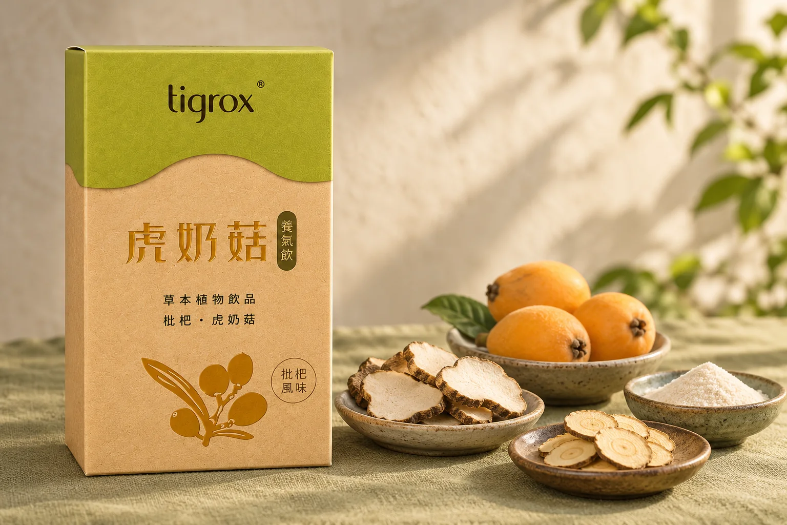 虎奶菇養氣飲盒裝與隨身包，旁邊是四小碟虎乳芝菌核、枇杷、甘草根與菊粉