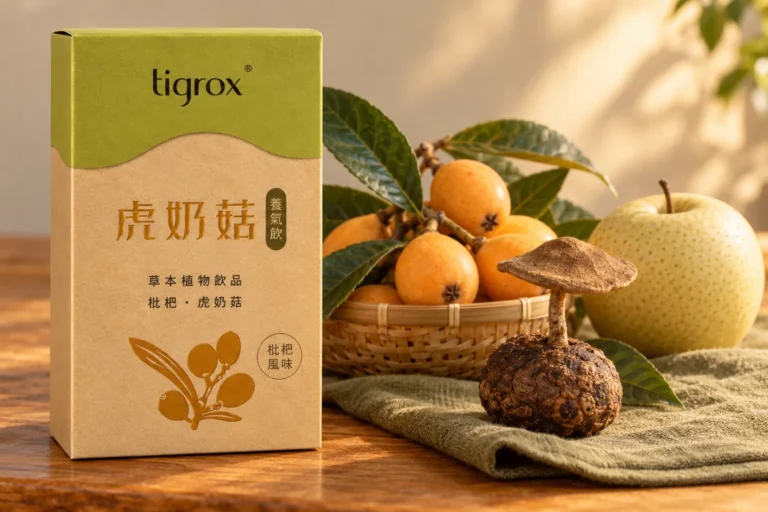 虎奶菇養氣飲盒裝立在木桌上,旁邊是一籃枇杷、雪梨與虎乳芝