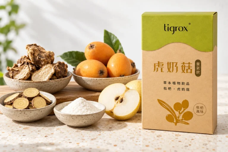 虎奶菇養氣飲盒裝，旁邊整齊排列虎乳芝切片、枇杷、甘草片、菊粉與雪梨
