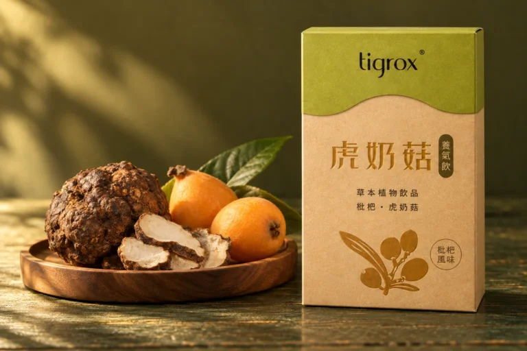 虎奶菇養氣飲盒裝，旁邊是虎乳芝菌核、切片與枇杷