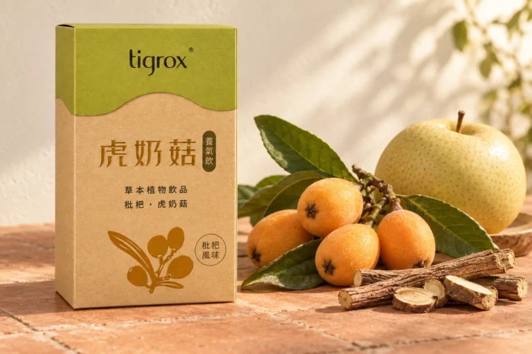 虎奶菇養氣飲盒裝立在陶磚上，旁邊是枇杷、雪梨與甘草根