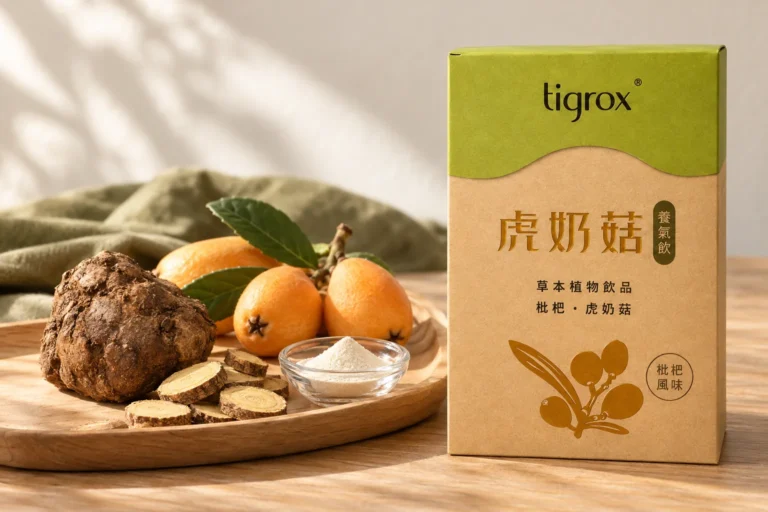 虎奶菇養氣飲盒裝,旁邊木托盤上有虎乳芝、枇杷、甘草片與菊粉