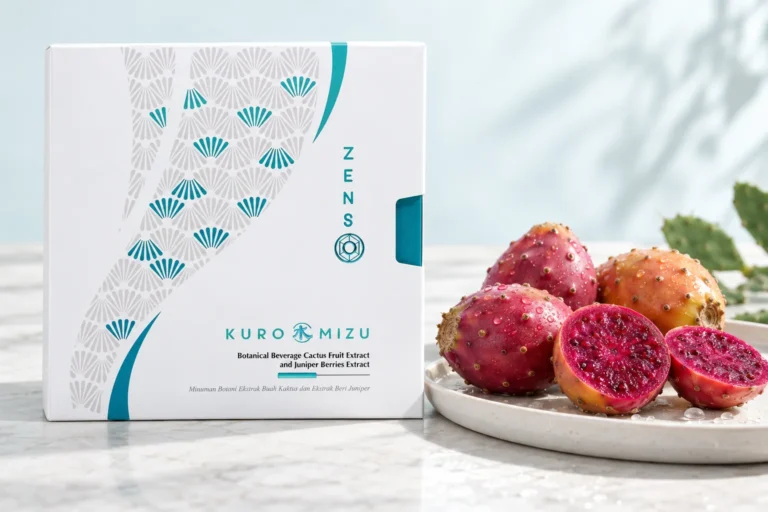 KURO MIZU 纖窈黑醋飲盒裝，旁邊是紅紫與橘黃色的仙人掌果