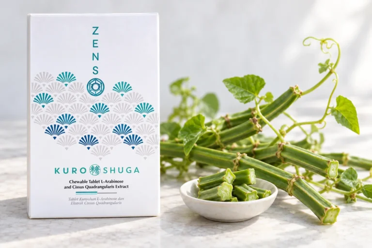KURO SHUGA 輕盈卡甜錠盒裝，旁邊是四棱白粉藤的綠色莖段