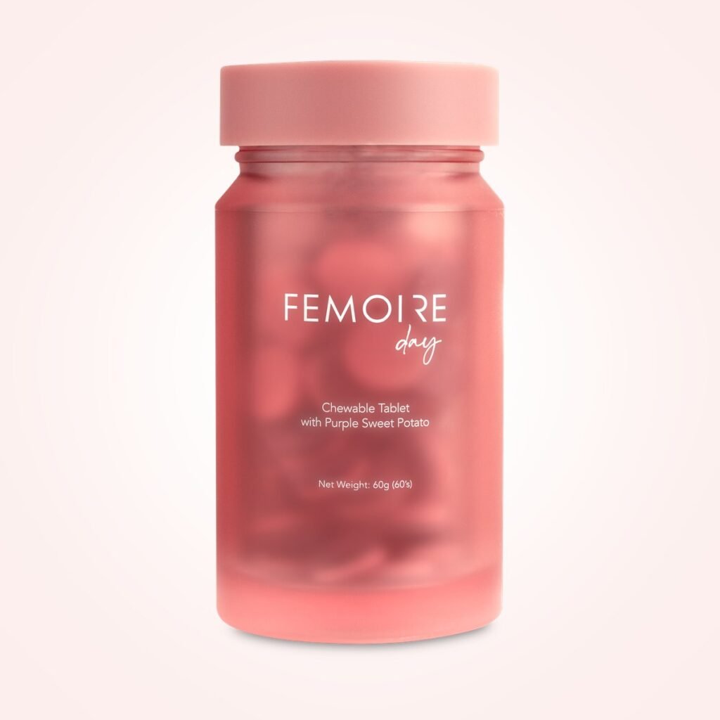 FEMOIRE Day 煥亮養顏錠粉色圓罐外盒與瓶身