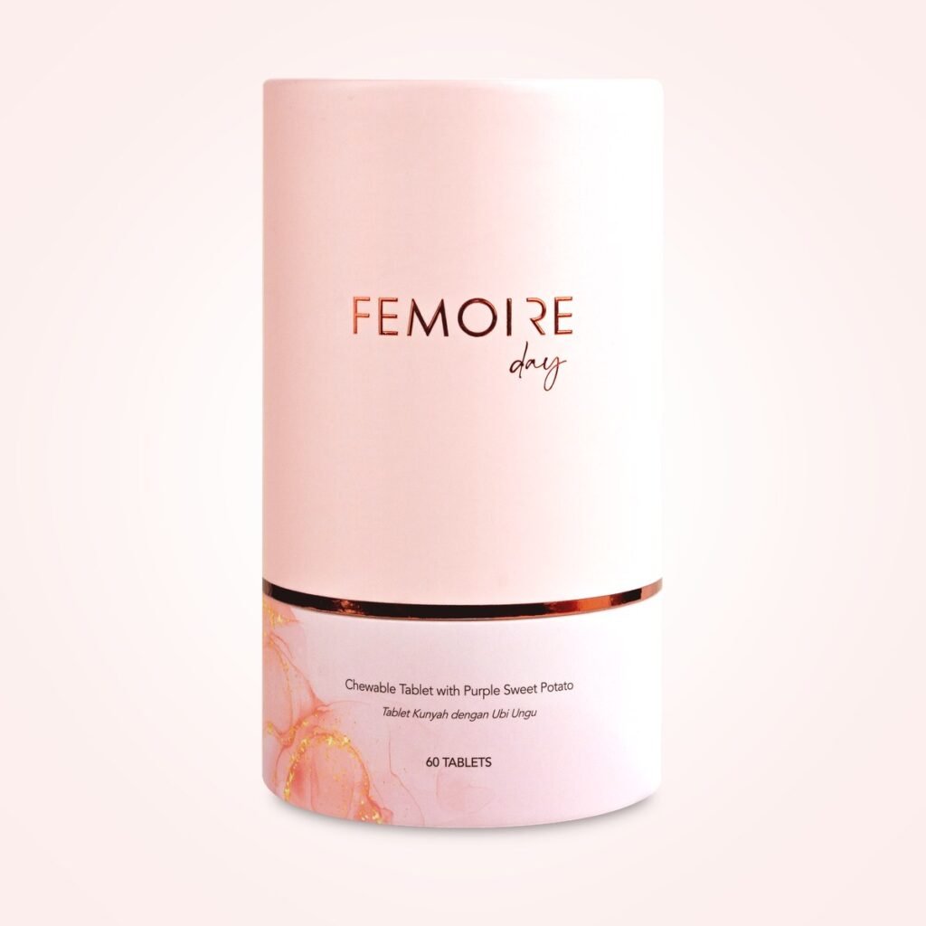 FEMOIRE Day 煥亮養顏錠粉色圓罐外盒與瓶身