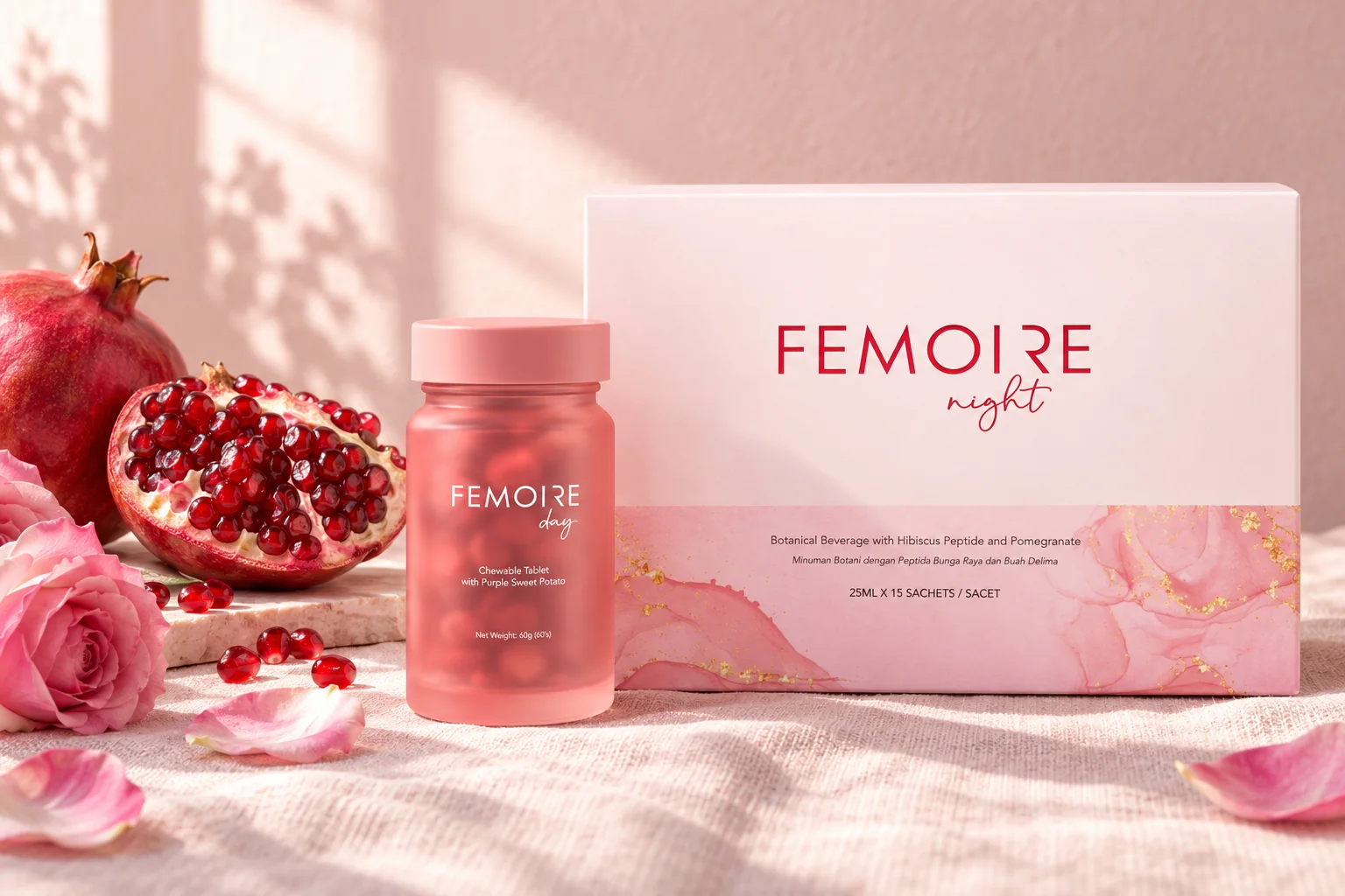 FEMOIRE Night 玫瑰養顏飲盒裝與 FEMOIRE Day 瓶裝，旁邊是剝開的紅石榴與玫瑰花瓣