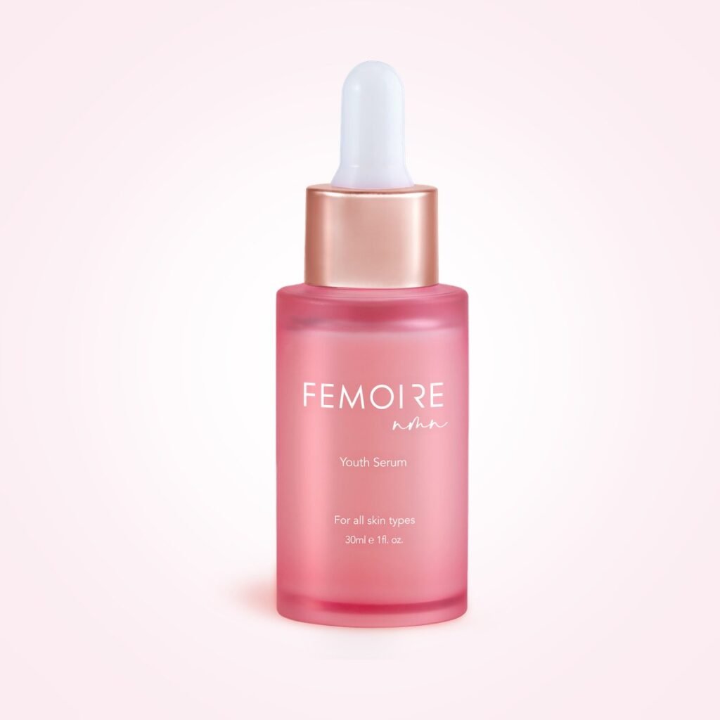 FEMOIRE NMN Youth Serum 淡紋水光精華外盒與玫瑰金瓶蓋滴管瓶