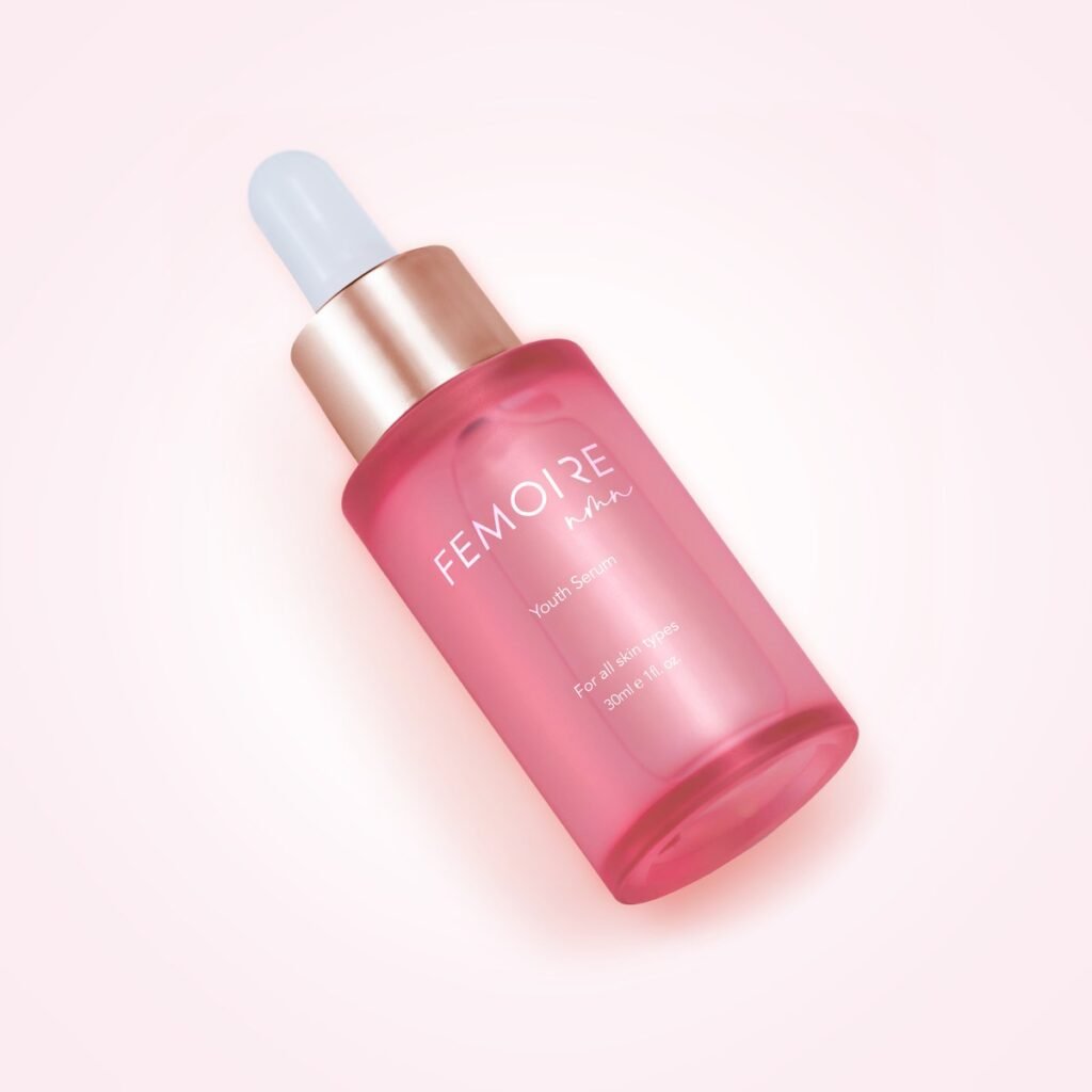 FEMOIRE NMN Youth Serum 淡紋水光精華外盒與玫瑰金瓶蓋滴管瓶