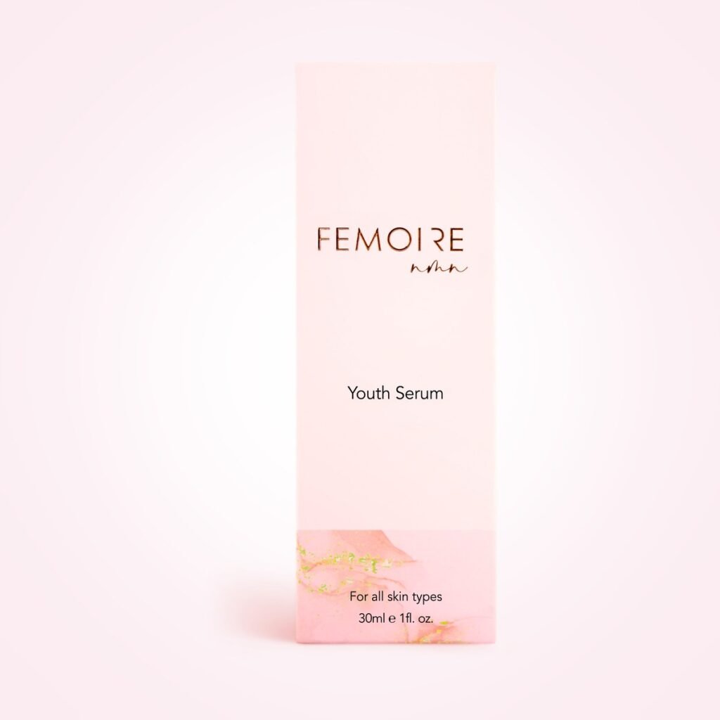 FEMOIRE NMN Youth Serum 淡紋水光精華外盒與玫瑰金瓶蓋滴管瓶