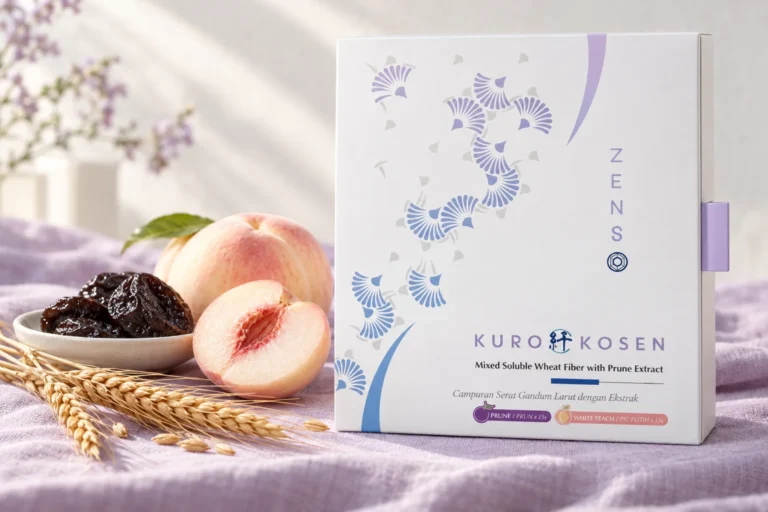 KURO KOSEN 黑醋代謝纖維粉盒裝,旁邊是西洋李乾、白桃與麥穗