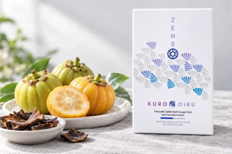 KURO OIRU 超燃紅橙錠盒裝，旁邊是新鮮藤黃果與曬乾的果皮