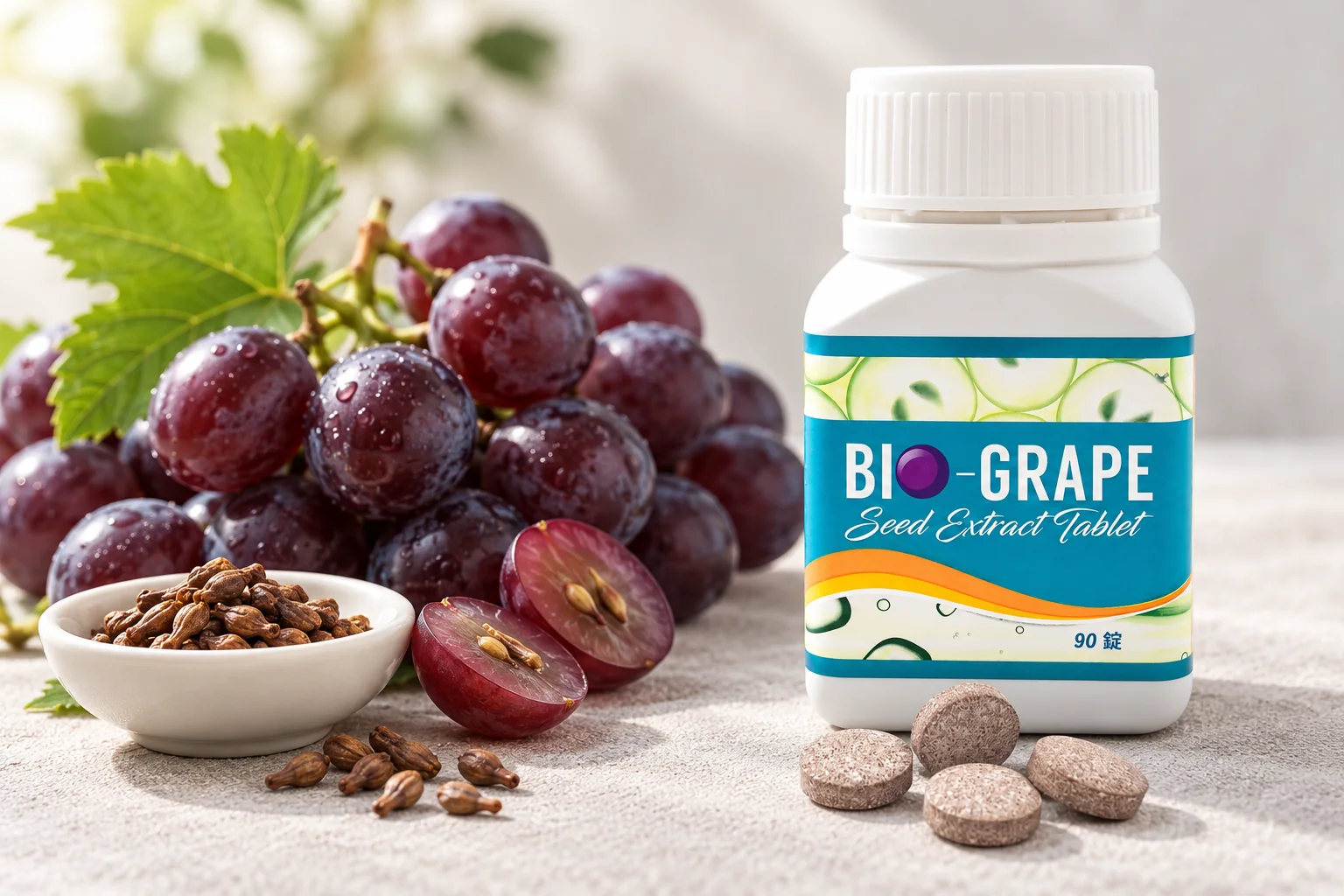 BIO-GRAPE 百優葡萄籽錠瓶裝與錠片，旁邊是一串紫葡萄與葡萄籽