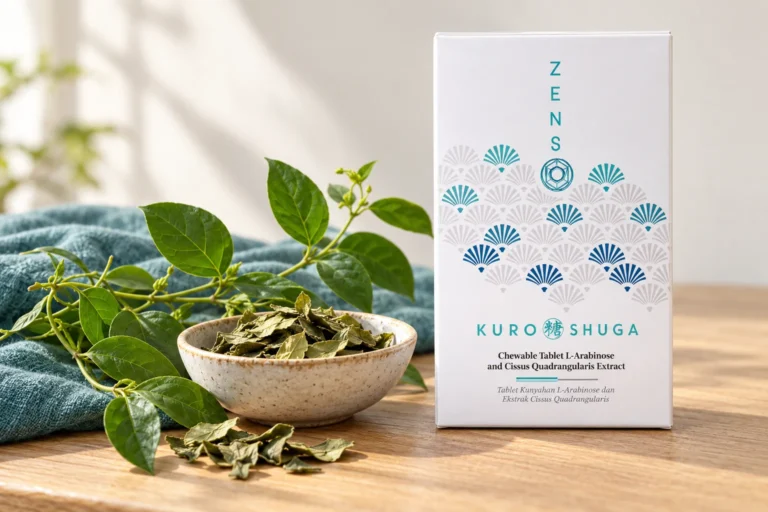 KURO SHUGA 輕盈卡甜錠盒裝,旁邊是武靴藤葉與乾燥葉片