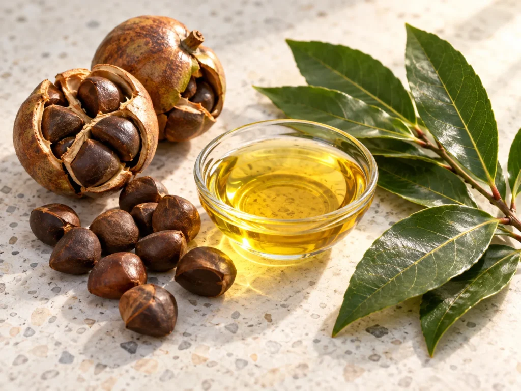 苦茶果、苦茶籽與一小碟苦茶籽油，旁邊是月桂枝葉