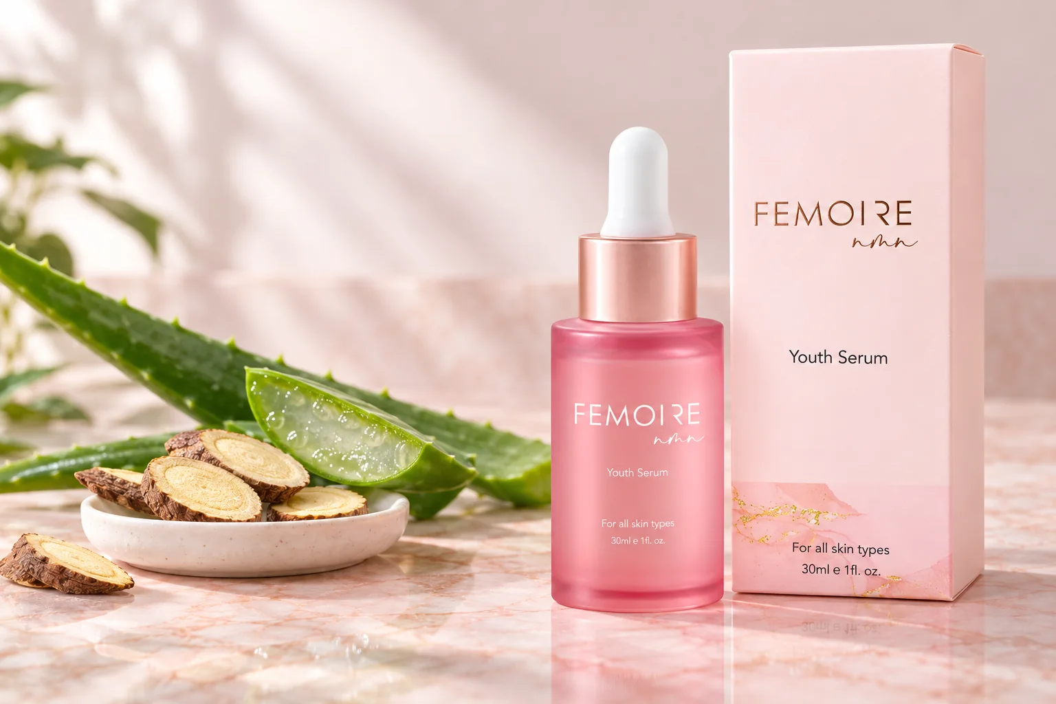 FEMOIRE NMN 淡紋水光精華盒裝與滴管瓶，旁邊是蘆薈與甘草片
