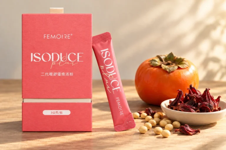 ISODUCE Plus 二代曖舒優煥活粉盒裝與隨身包，旁邊是柿子、洛神花萼與黃豆