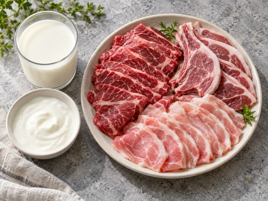 牛肉、羊肉、豬肉薄片，旁邊是優格與牛奶