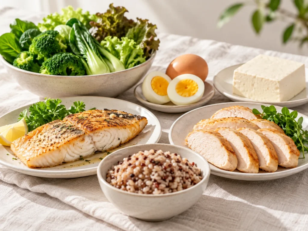 一份均衡餐的食材：青菜、蛋、豆腐、魚、雞肉與全穀