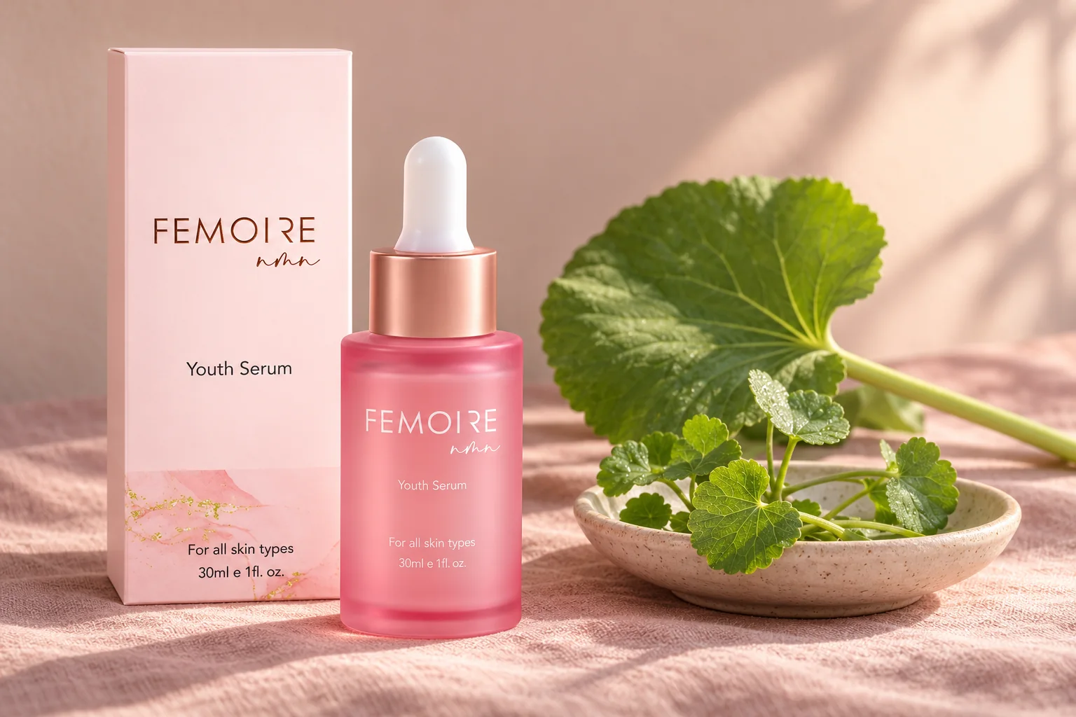 FEMOIRE NMN 淡紋水光精華盒裝與滴管瓶，旁邊是積雪草與蜂斗菜葉