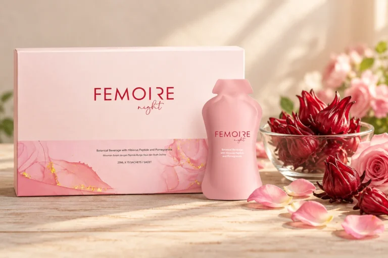 FEMOIRE Night 玫瑰養顏飲盒裝與隨身包，旁邊是洛神花與玫瑰花瓣