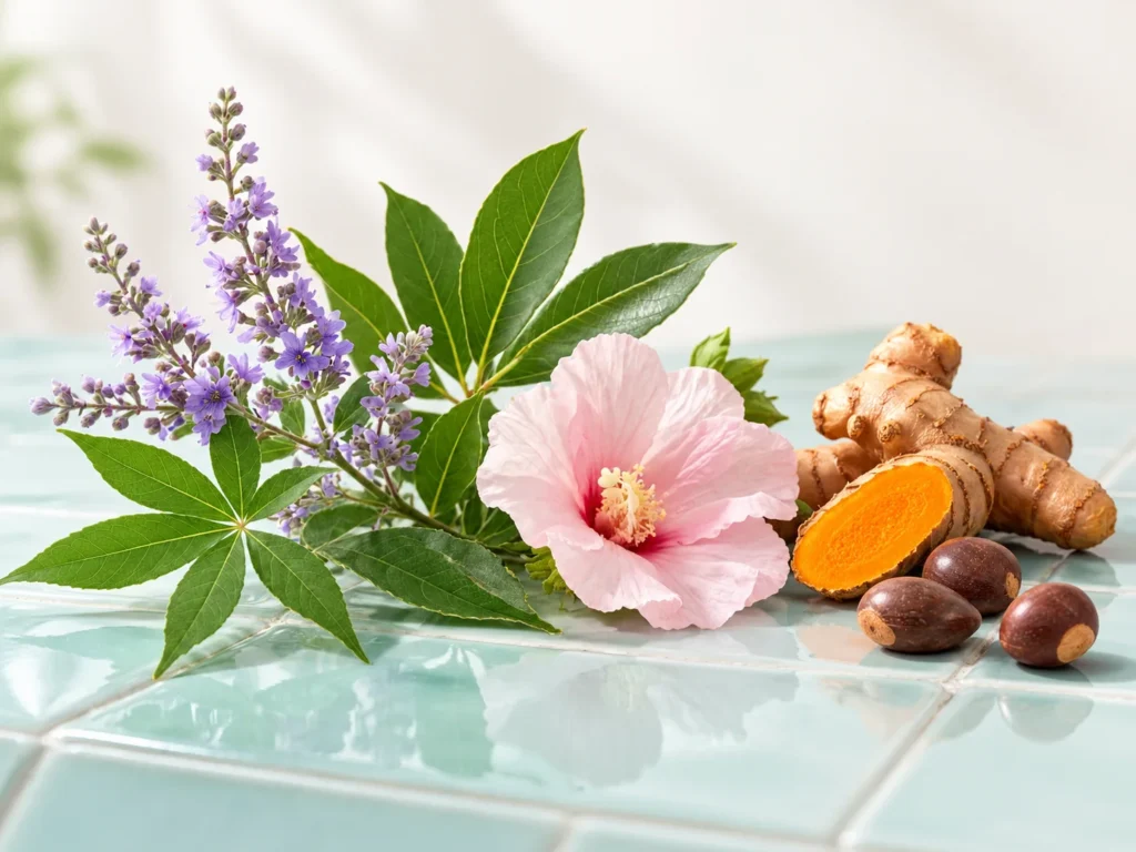 台灣黃荊花穗、月桂枝葉、芙蓉花、薑黃與苦茶籽並排