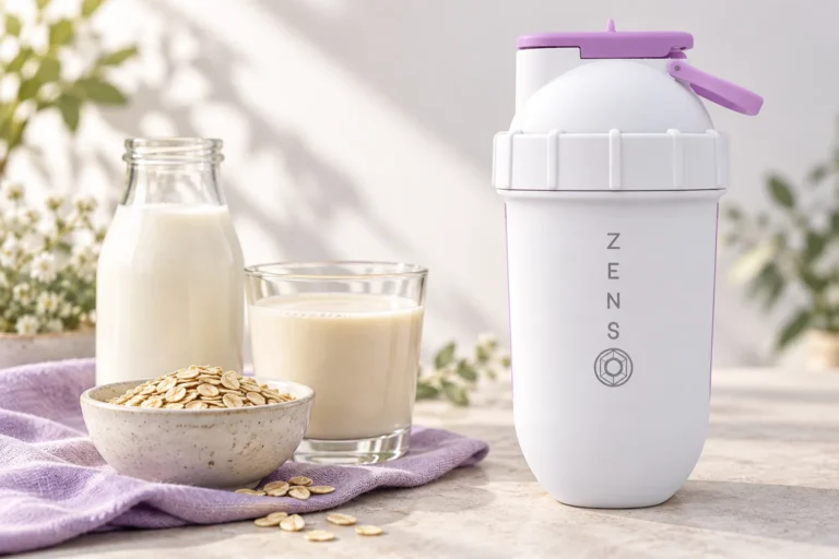 ZENSO SHAKESPHERE 搖搖杯,旁邊是牛奶、豆漿與燕麥