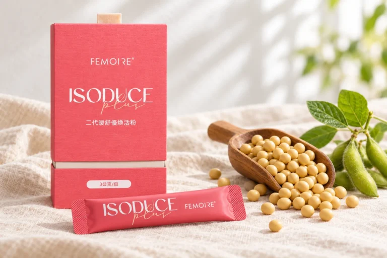 ISODUCE Plus 二代曖舒優煥活粉盒裝與隨身包，旁邊是一勺黃豆與新鮮豆莢