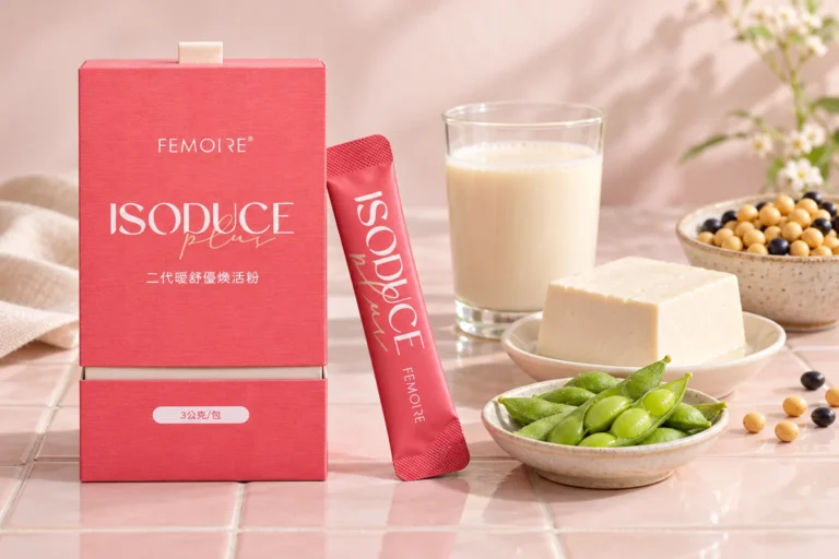 ISODUCE Plus 二代曖舒優煥活粉盒裝與隨身包，旁邊是豆漿、豆腐、毛豆與黃豆黑豆