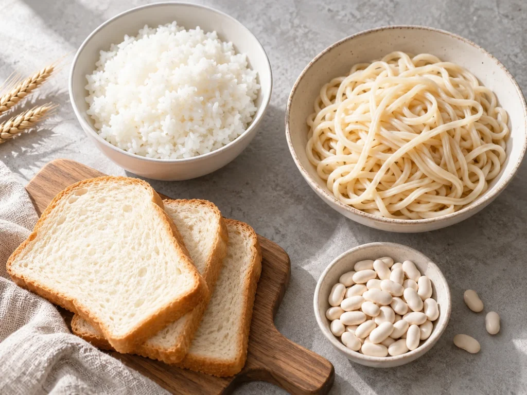 一碗白飯、一碗麵、幾片麵包與一小碟白腎豆
