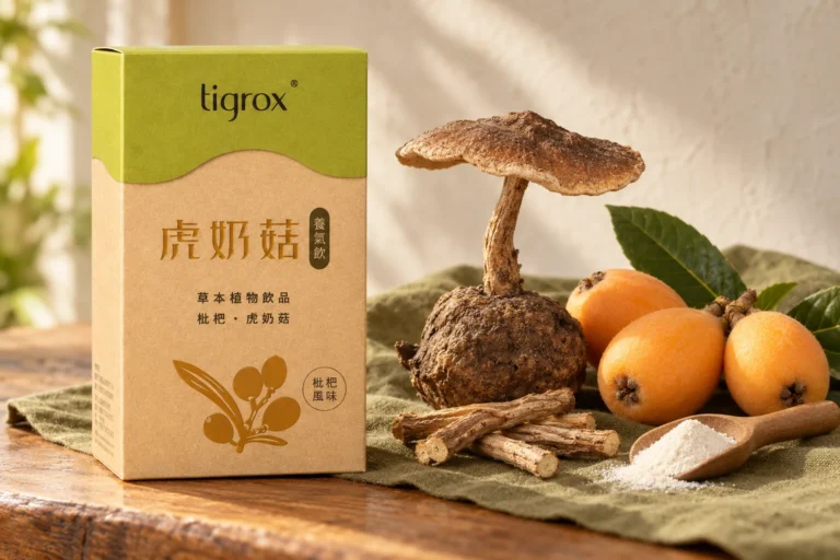 虎奶菇養氣飲盒裝，旁邊是虎乳芝、枇杷、甘草根與一匙菊粉