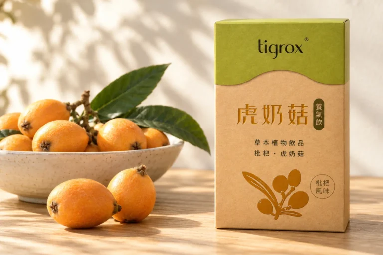 虎奶菇養氣飲盒裝立在木桌上，旁邊是一碗新鮮枇杷