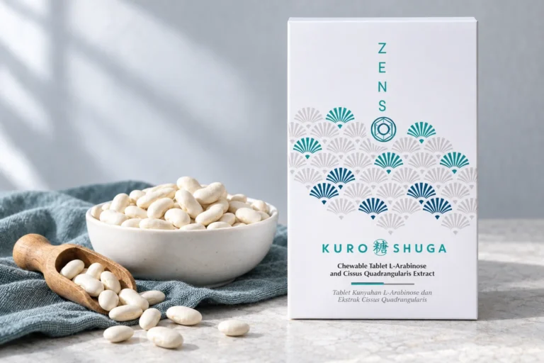 KURO SHUGA 輕盈卡甜錠盒裝，旁邊是一碗白腎豆