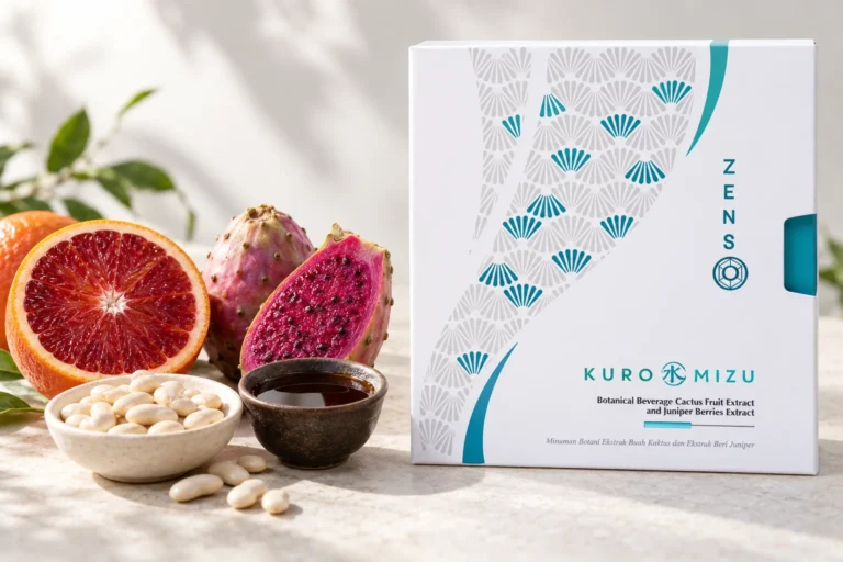 ZENSO KURO MIZU 纖窈黑醋飲盒裝,旁邊是血橙、仙人掌果、白腎豆與黑醋
