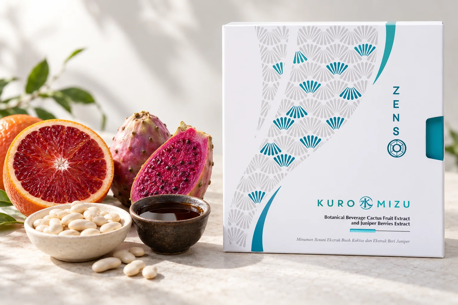 ZENSO KURO MIZU 纖窈黑醋飲盒裝,旁邊是血橙、仙人掌果、白腎豆與黑醋