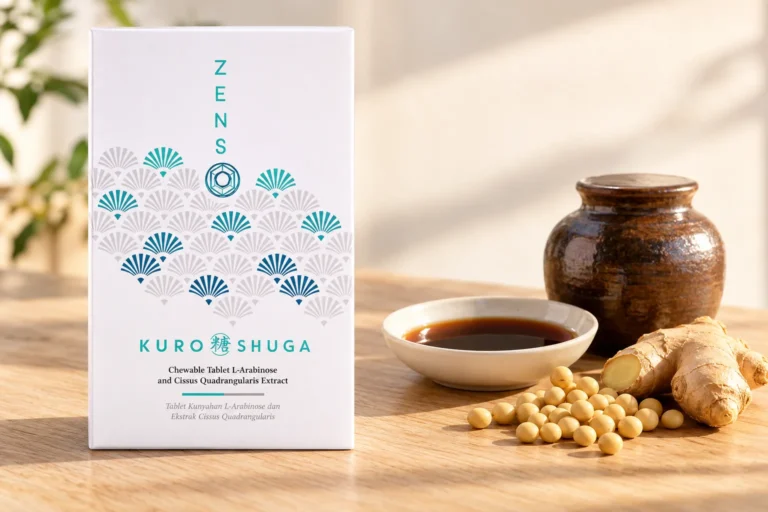 ZENSO KURO SHUGA 輕盈卡甜錠盒裝,旁邊是陶甕、黑醋、薑根與黃豆